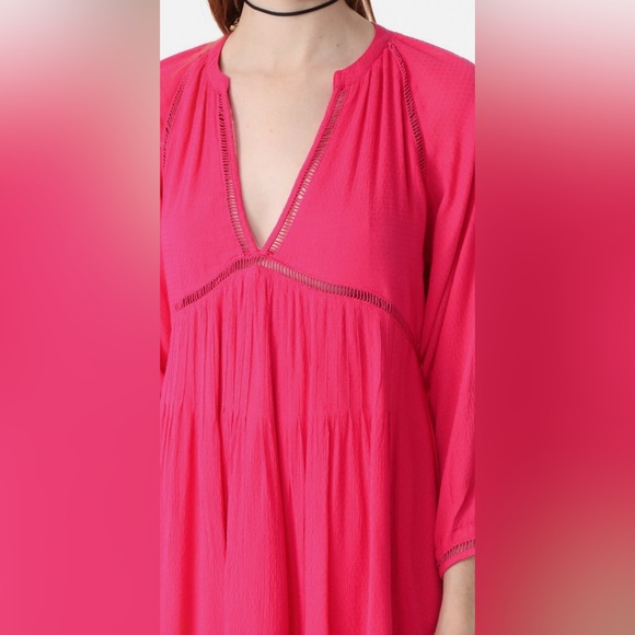NEW! Free People Go Lightly Swing Dress V Neck Long Sleeve Boho Pink SZ M - Picture 6 of 15